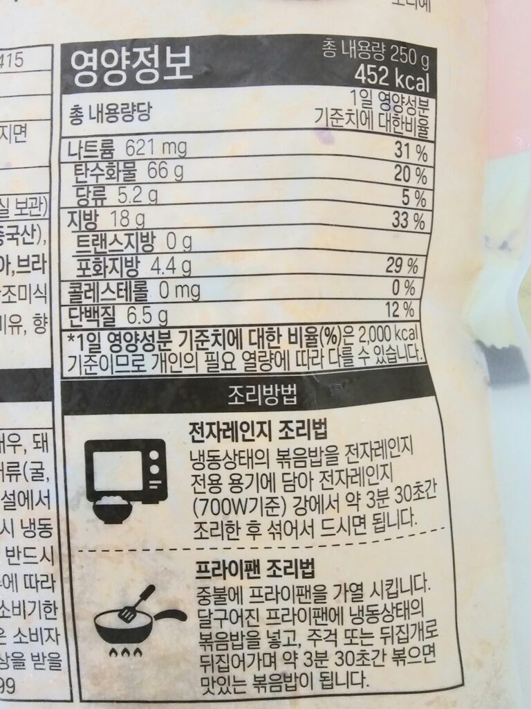 한우물김치볶음밥 250g 제품 뒷면의 영양성분표 및 조리방법