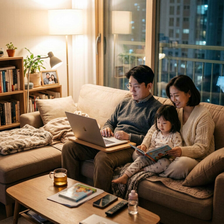 Man using laptop on couch with warm indoor lighting and nighttime city view