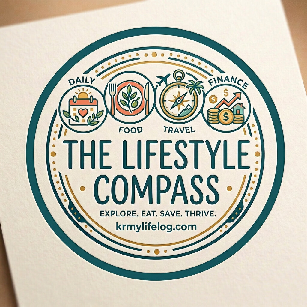 Logo showing daily calendar, food plate with utensils, travel compass with palm tree, and finance icons with coins and upward graph